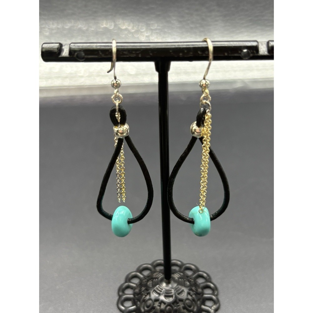EUC Gold Sterling Silver Turquoise Cord Dangle Earrings F1